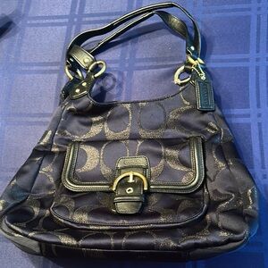Coach Signature Metallic Campbell Dark Blue Jaquard Purse Satchel